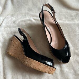 Stuart Weitzman black patent leather jean peep toe cork wedge sandals 9.5